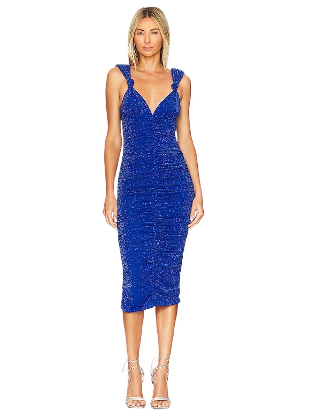 Majorelle Ruched Midi Dress Womens Size Medium Blue Glitter Party Prom Tennile